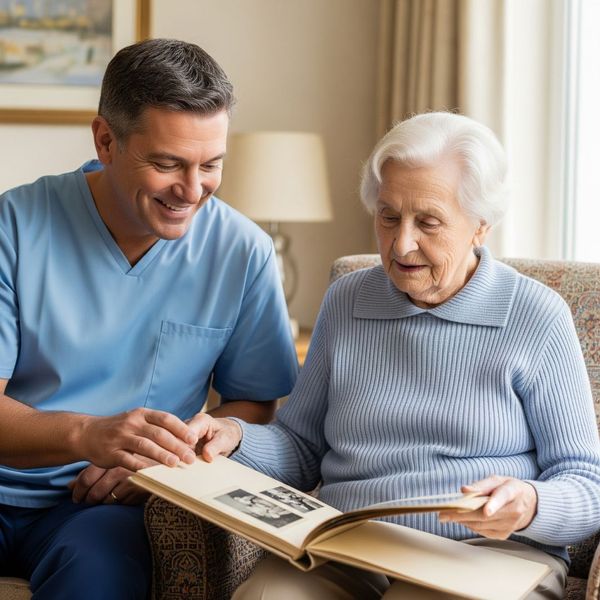 A caregiver and resident sharing a warm moment in a personalized, comfortable room