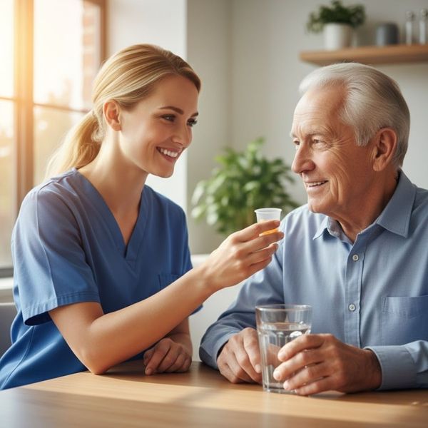 A professional close-up of a smiling nurse in blue scrubs assisting an elderly gentleman with his medication at a clean, sunlit table