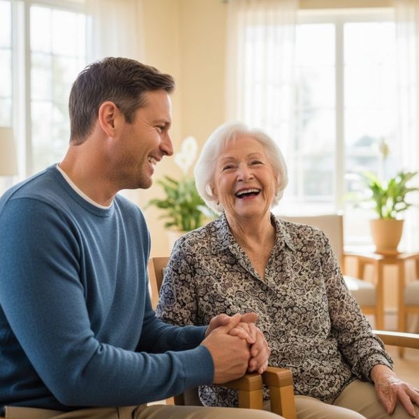 A professional, heartwarming photo of an adult son and his elderly mother laughing together during a visit in a bright, home-like assisted living lounge