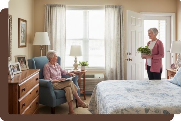 A senior woman sitting in an armchair in her assisted living apartment, while another senior woman enters with a potted plant, symbolizing a welcoming home environment. A senior woman sitting in an armchair in her assisted living apartment, while another senior woman enters with a potted plant, symbolizing a welcoming home environment.
