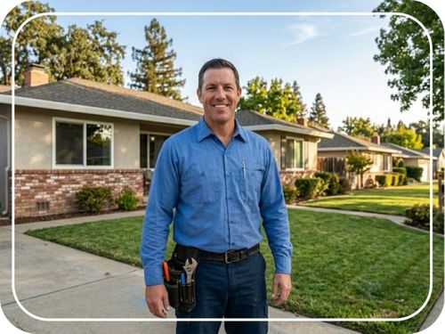 A professional plumber smiling, standing outside of a Carmichael home.