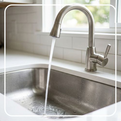 Clear, clean water flowing from a stainless steel kitchen faucet.