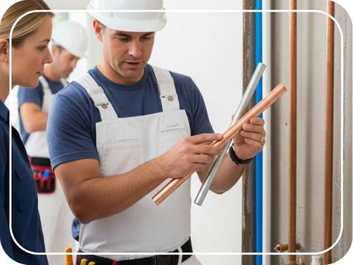 A professional plumber in a white hard hat and overalls shows two different types of piping to homeowner