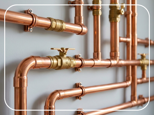 Brand new shiny copper pipes installed against a wall