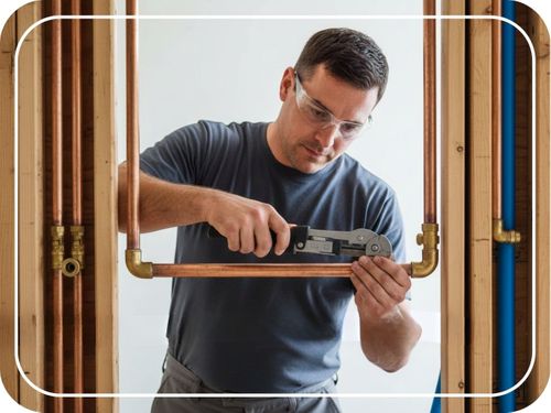A skilled plumber wearing safety glasses is meticulously working on installing new copper piping