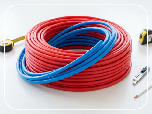 Coils of flexible red and blue PEX piping