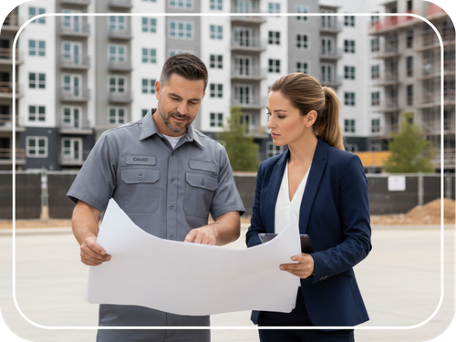 HOA manager and employee looking over blueprints