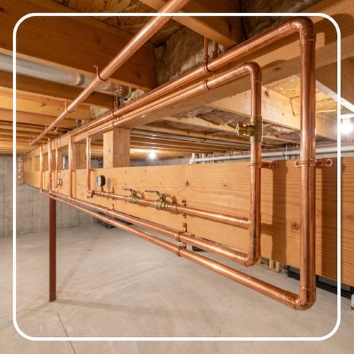 Clean copper pipes newly installed along a wooden structural beam