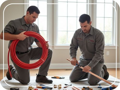 plumbers assembling plumbing materials in a house for repiping 