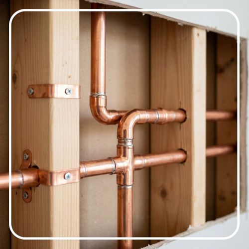 Brand new, shiny copper plumbing pipes installed in a wall cavity.