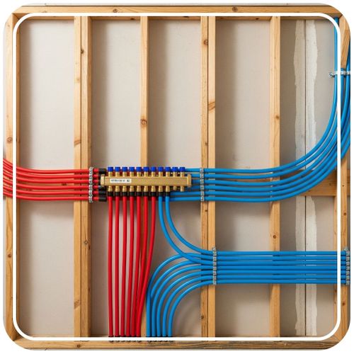 A wide shot of an organized PEX-A repiping manifold system with red and blue tubes neatly arranged inside an exposed wall.