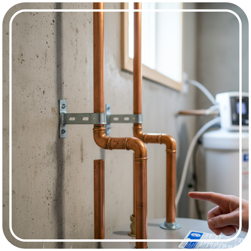 newly installed copper pipes extending from a water heater.