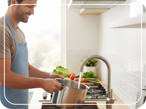 a person filling a pot for cooking in a finished kitchen