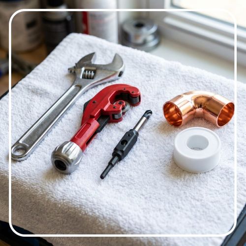 Professional plumbing tools resting next to a new copper pipe fitting