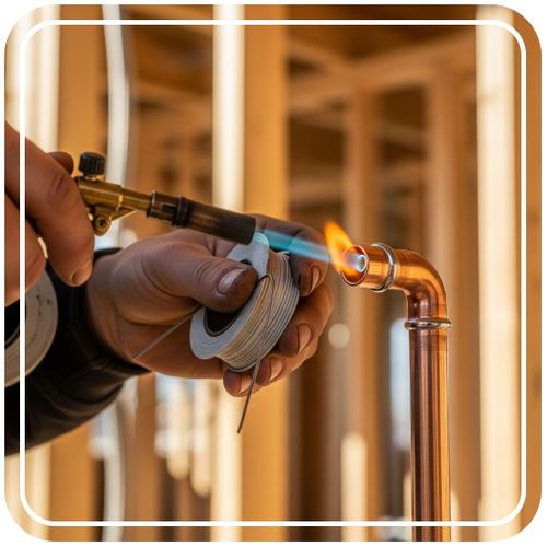 A close-up of a plumber's hands as they solder a joint on a new, shiny copper pipe.