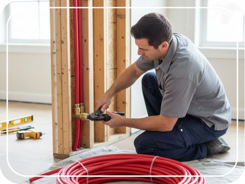 A plumber on his knees is tightening a fitting on red PEX-A piping installed within a wall cavity with exposed studs, with a large coil of PEX tubing in the foreground