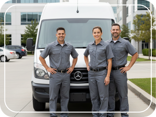 Team in front of a van