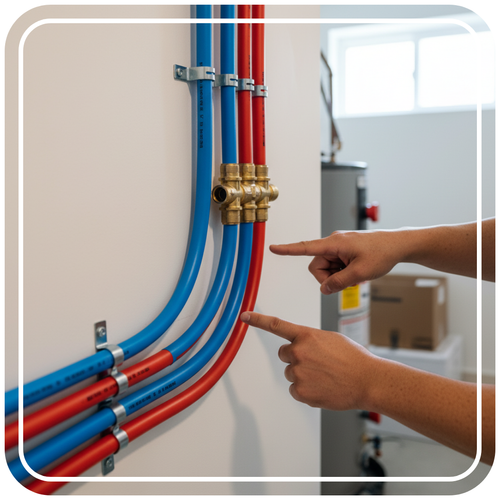 a manifold connecting red and blue PEX pipes.