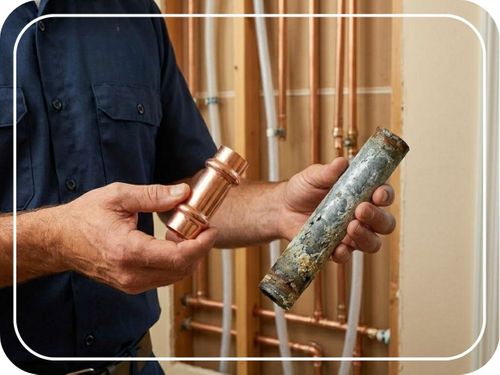 A plumber's hands holding a piece of old, corroded pipe and a piece of new copper fitting, illustrating the high-quality materials and craftsmanship used by Advanced Repipe Specialist.