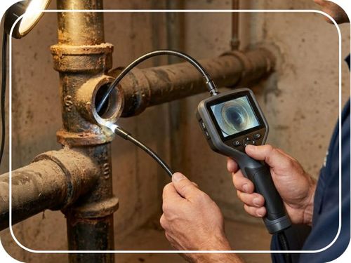 A plumber using a high-tech inspection camera to evaluate the internal condition of an older pipe, highlighting preventative plumbing inspections.