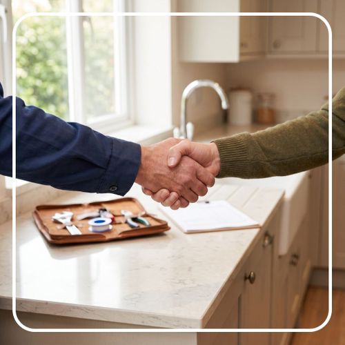 Homeowner and professional shaking hands over a kitchen counter.