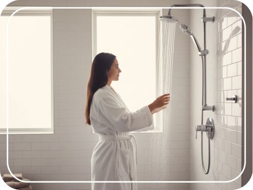 woman stands in a clean, modern bathroom, reaching for the running showerhead as she prepares to shower, demonstrating reliable water flow