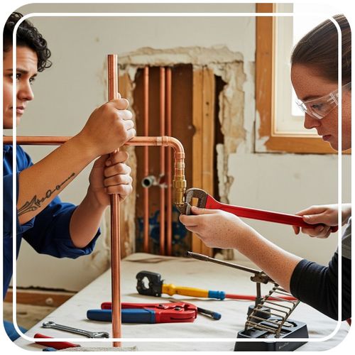 Two plumbers collaborate on a repiping project inside a home, one holding a pipe steady while the other works on a connection.