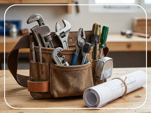 Plumbers tool belt and blueprints on a workbench