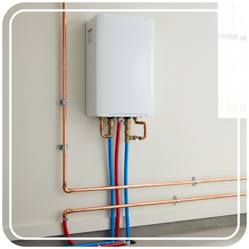 A tankless water heater installed on a wall with copper and PEX piping connected.