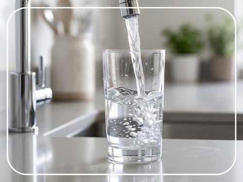 Clear glass filling with pure water from a kitchen faucet