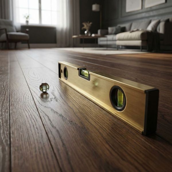 A level tool on an uneven hardwood floor showing a slope caused by foundation issues.