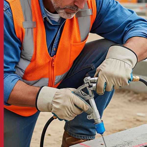a construction worker injecting epoxy into a foundation crack. a construction worker injecting epoxy into a foundation crack.