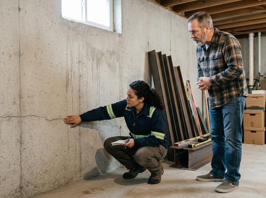 Property inspector examining concrete basement wall crack