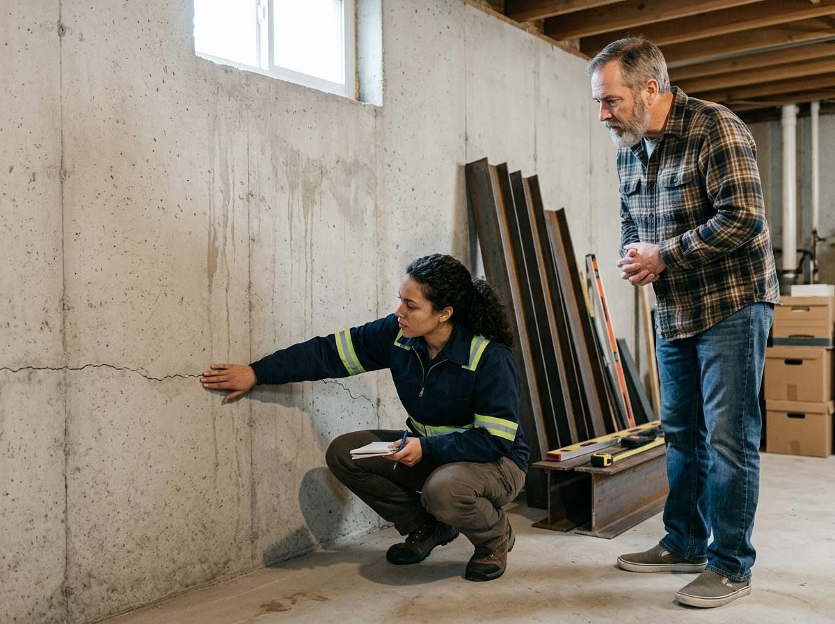 Property inspector examining concrete basement wall crack