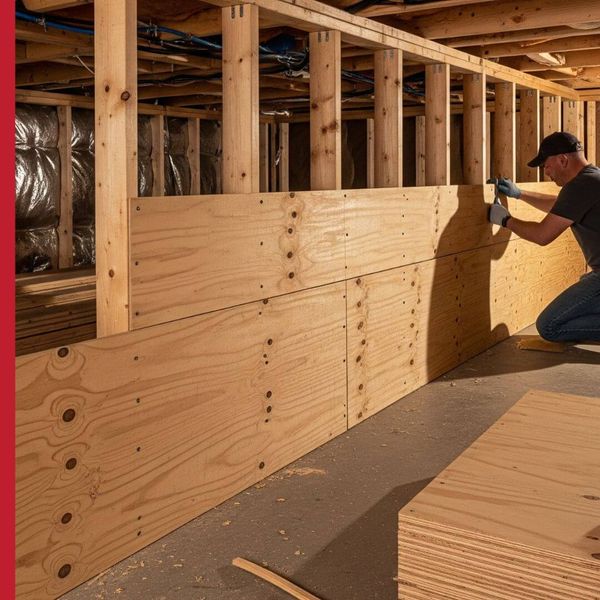 The interior of a crawl space where plywood sheathing is being installed to reinforce the short cripple walls. The interior of a crawl space where plywood sheathing is being installed to reinforce the short cripple walls.