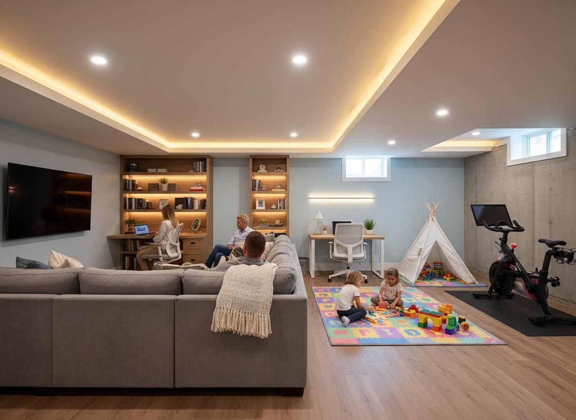 Family enjoying a modern multipurpose finished basement