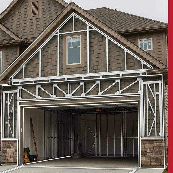 A two-story home with a ground-floor garage, highlighted by a digital overlay showing new steel frame reinforcements. A two-story home with a ground-floor garage, highlighted by a digital overlay showing new steel frame reinforcements.