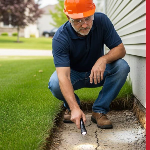 a foundation inspector examining a house's foundation a foundation inspector examining a house's foundation