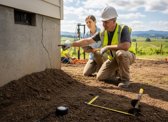 Engineers Inspecting Building Foundation Crack