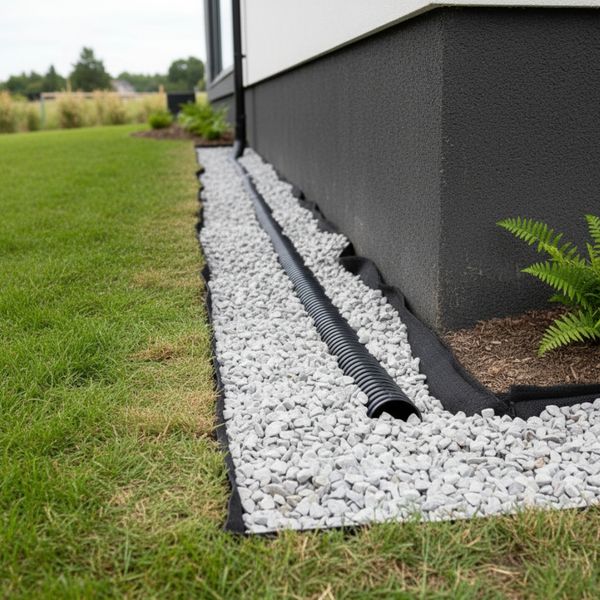 Advanced drainage system installed for foundation waterproofing.