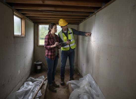 Home Inspector and Client Reviewing Foundation Cracks