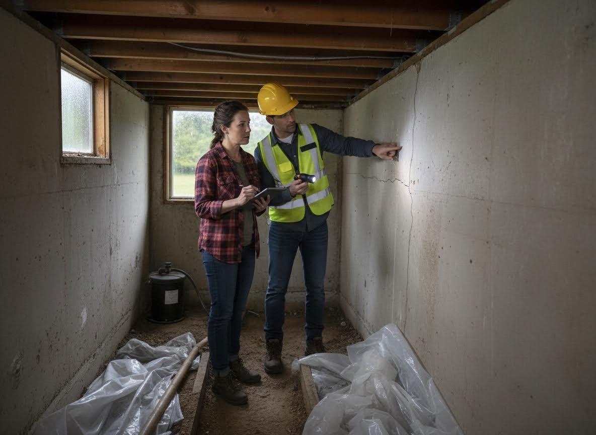 Home Inspector and Client Reviewing Foundation Cracks