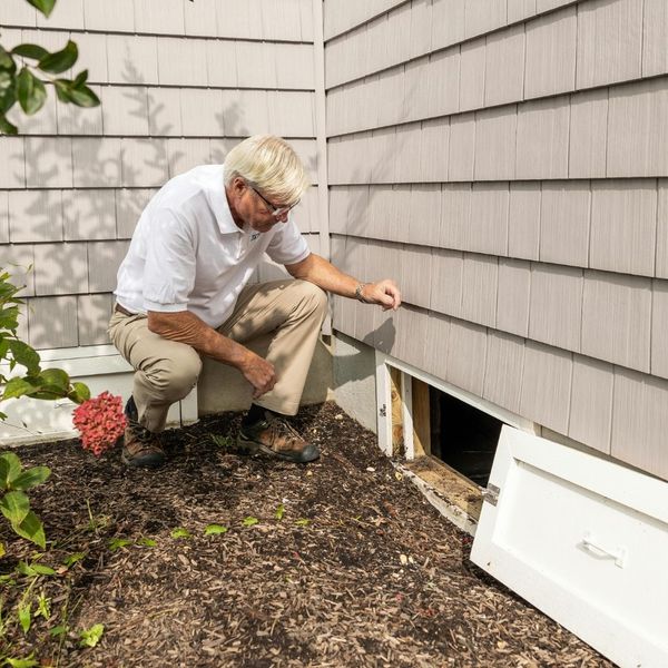 man inspecting foundation and crawlspace man inspecting foundation and crawlspace