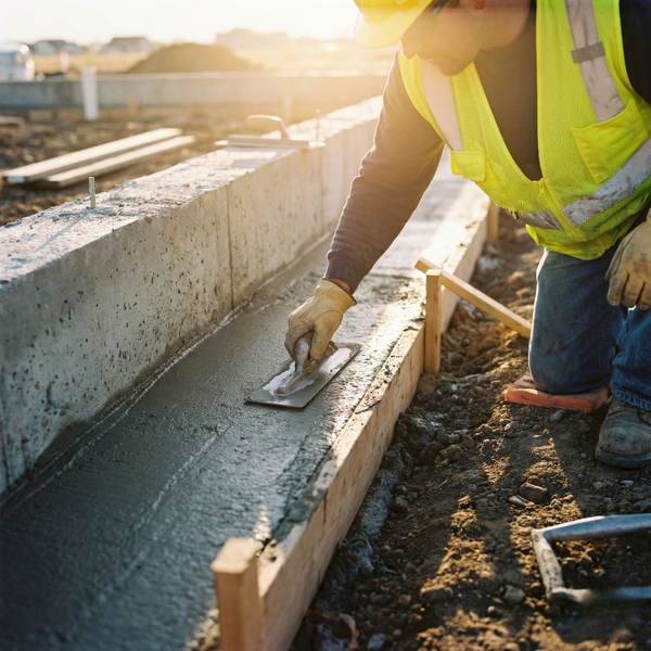 A foundation specialist applying concrete to a repair site during a sunny summer day.