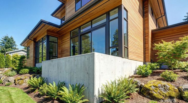 Modern house exterior showing a clean and stable concrete foundation in a residential neighborhood.
