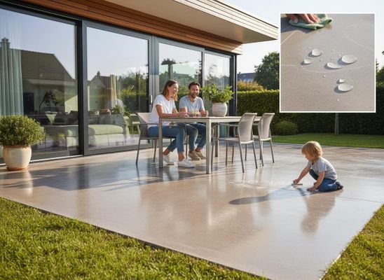 Family enjoying a modern outdoor patio with a durable, easy-to-clean surface
