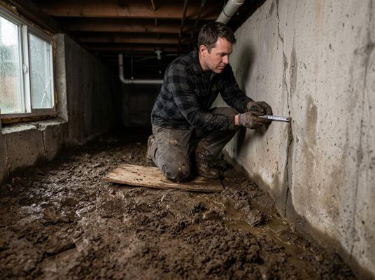 Man Inspecting Basement Wall Crack for Water Damage