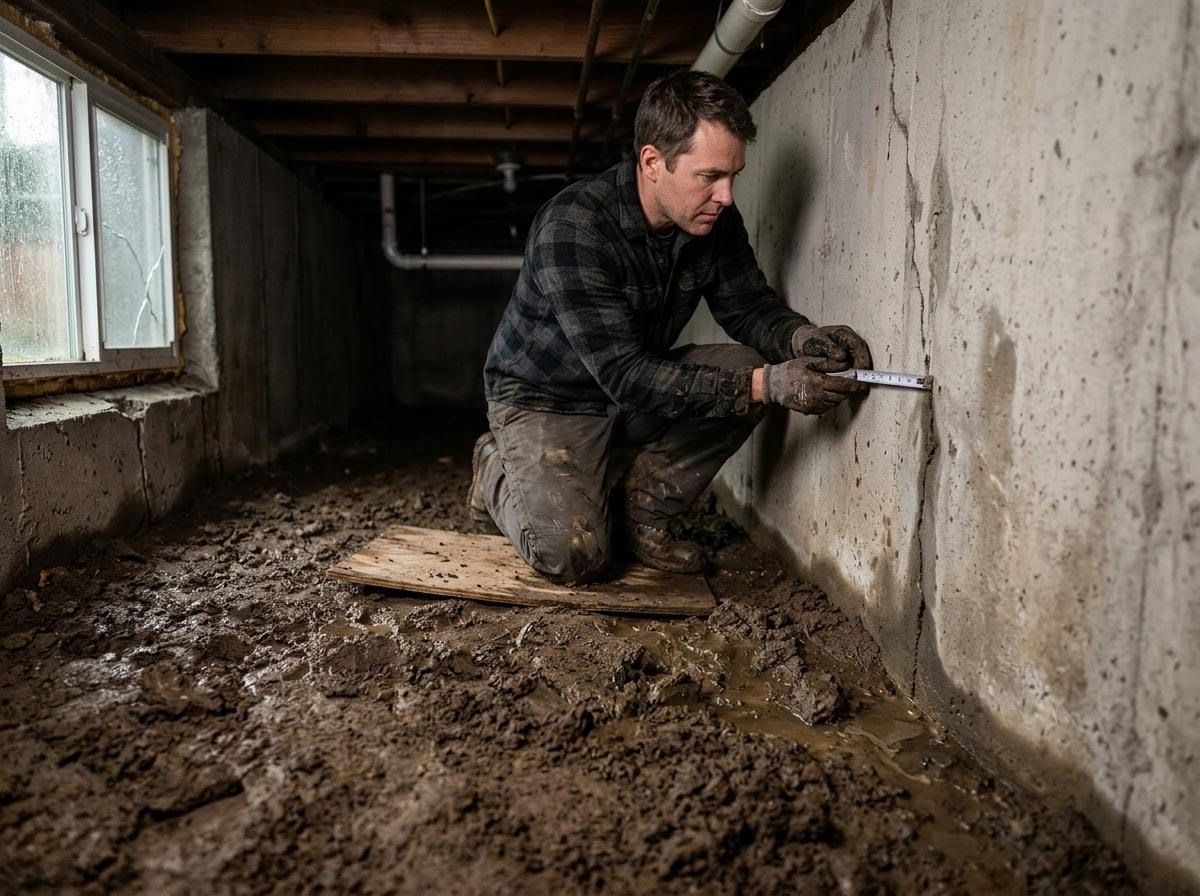 Man Inspecting Basement Wall Crack for Water Damage