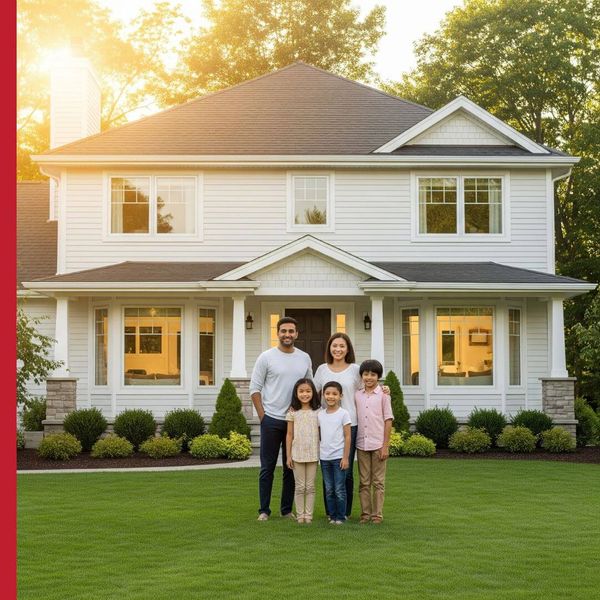 A smiling family stands together in front of their sturdy, well-maintained home on a sunny day. A smiling family stands together in front of their sturdy, well-maintained home on a sunny day.