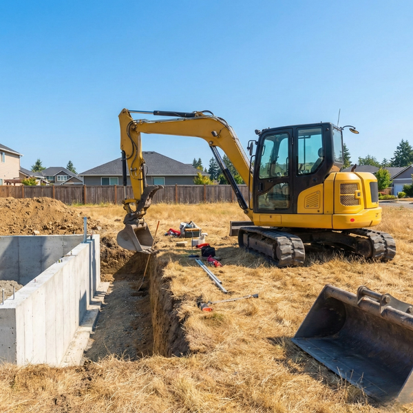 A clean foundation repair job site with dry ground and professional equipment in summer.